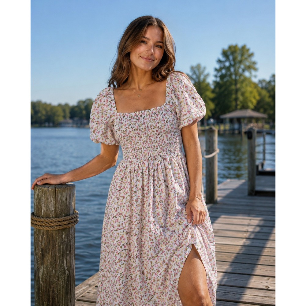 J. Crew Pink Floral Midi Dress with Puff Sleeves
